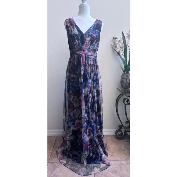 Adrianna Papell V-Neck Floral Printed Tulle Gown Party Dress Slit Women's Sz 10 - Picture 1 of 8